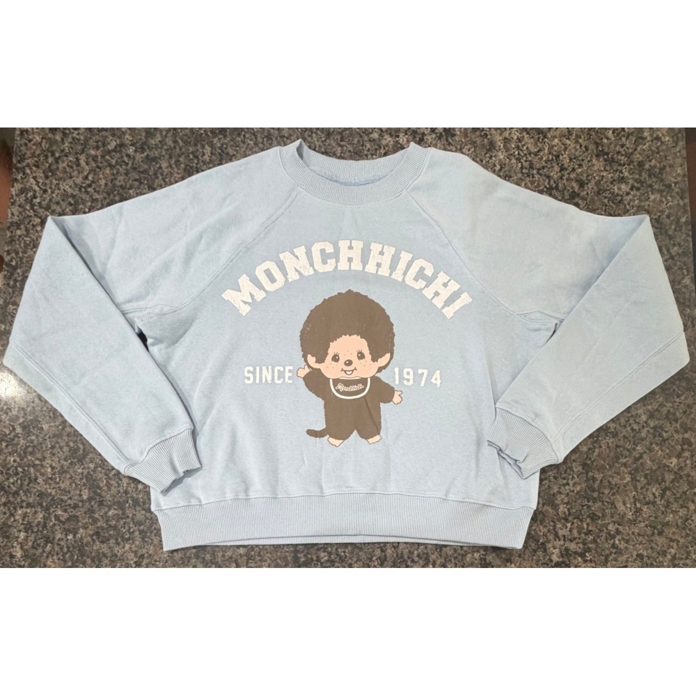 Monchhichi Graphic Sweatshirt Light Blue Raglan Pullover Retro 1974 Character